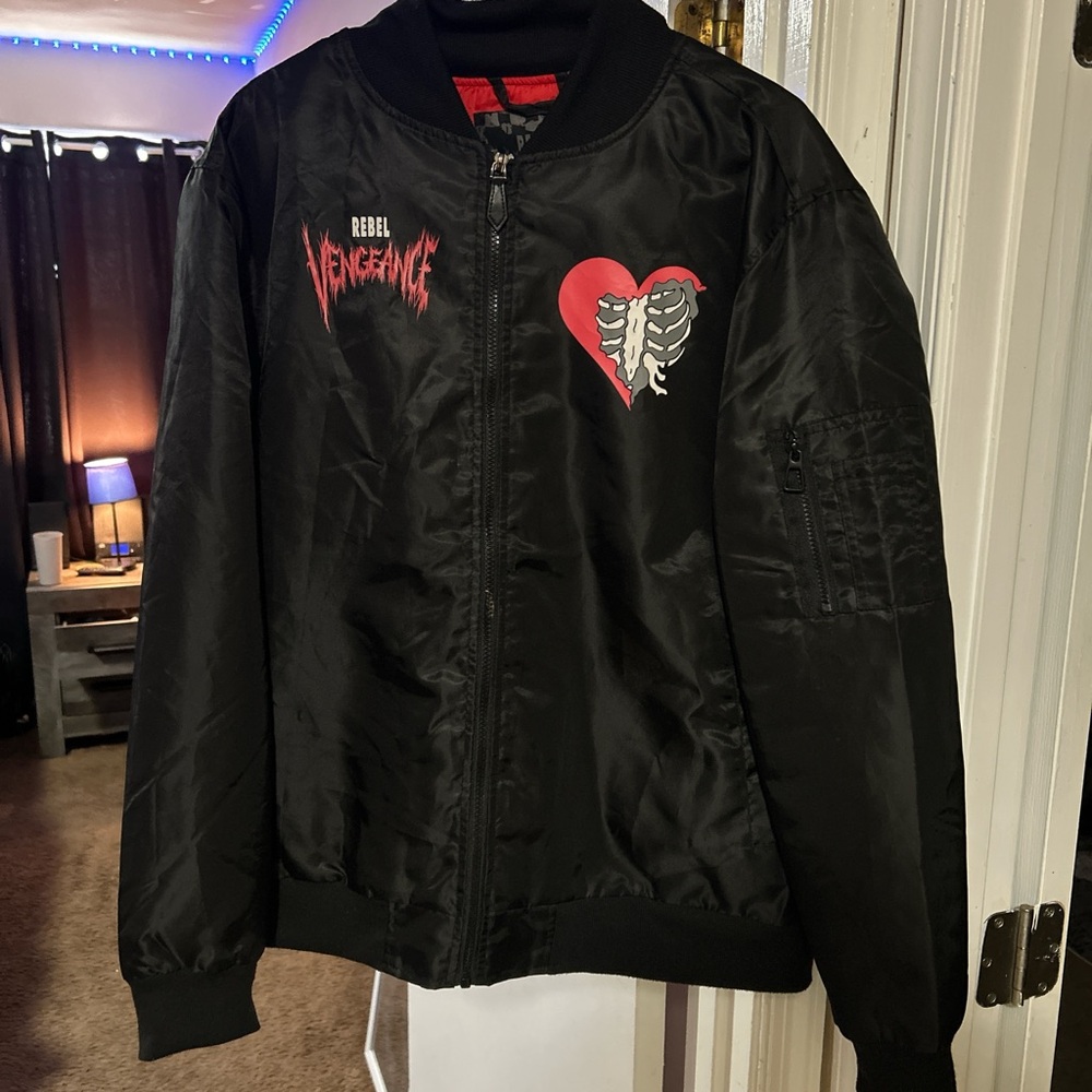 Rebels Black Bomber Jacket with Graphic Lining